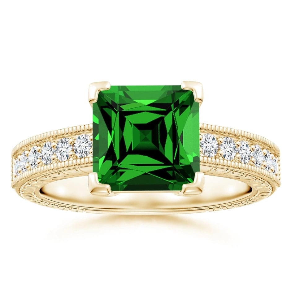 Lab-Grown Princess Cut Emerald - Pave Classic Engagement Ring 14K Yellow Gold