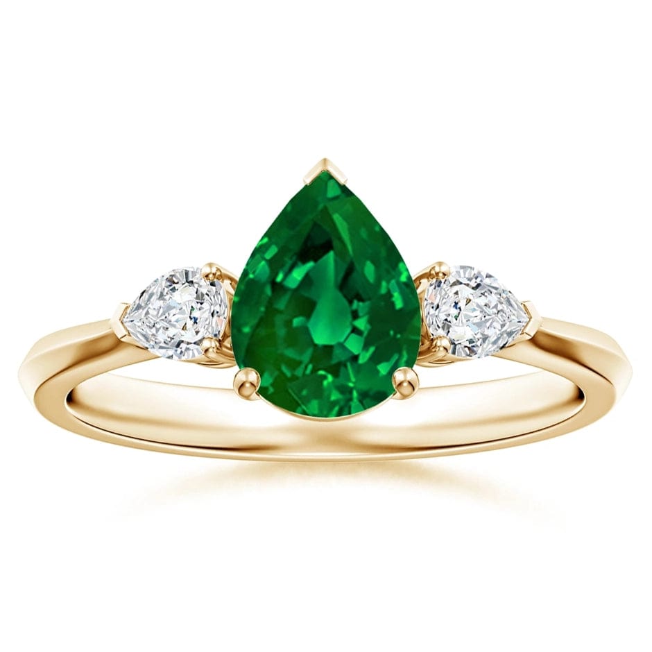 Lab-Grown Pear Brilliant Cut Emerald - Three Stone Classic Engagement Ring 14K Yellow Gold