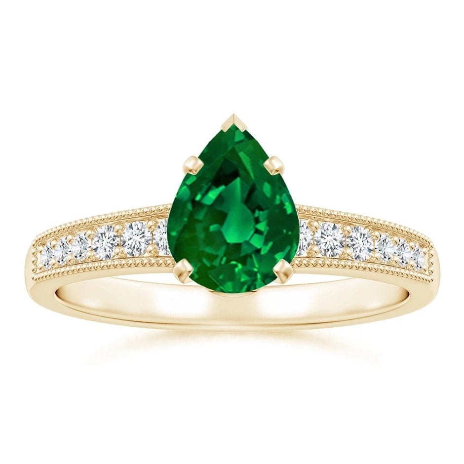 Lab-Grown Pear Brilliant Cut Emerald - Pave Classic Engagement Ring 14K Yellow Gold