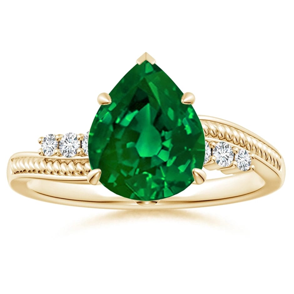 Lab-Grown Pear Brilliant Cut Emerald - Pave Classic Engagement Ring 14K Yellow Gold