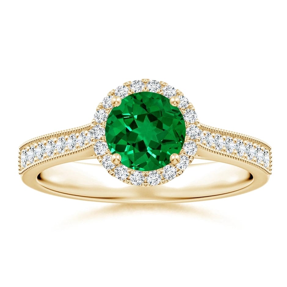 Lab-Grown Round Brilliant Cut Emerald - Halo Classic Engagement Ring 14K Yellow Gold