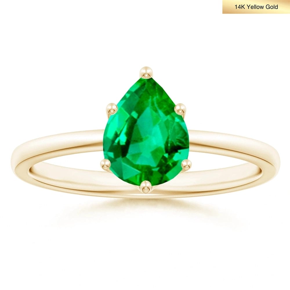 Lab-Grown Pear Brilliant Cut Emerald - Solitaire Classic Engagement Ring 14K Yellow Gold