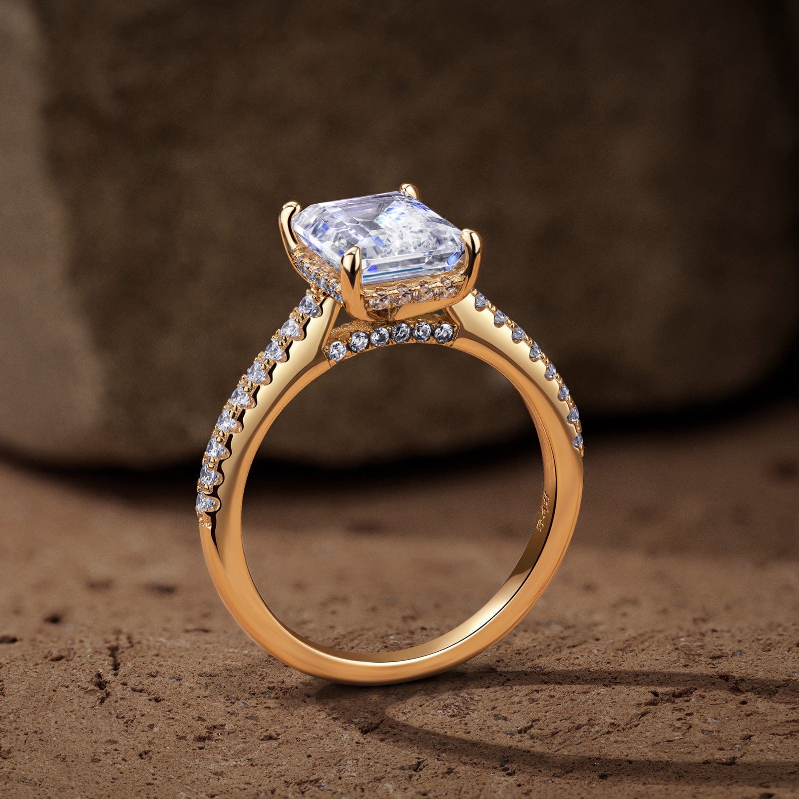 GENUINE LOVE Pave Engagement Ring - 3.00 Carat 9K Yellow Gold with a Emerald Cut Lab-Grown Moissanite