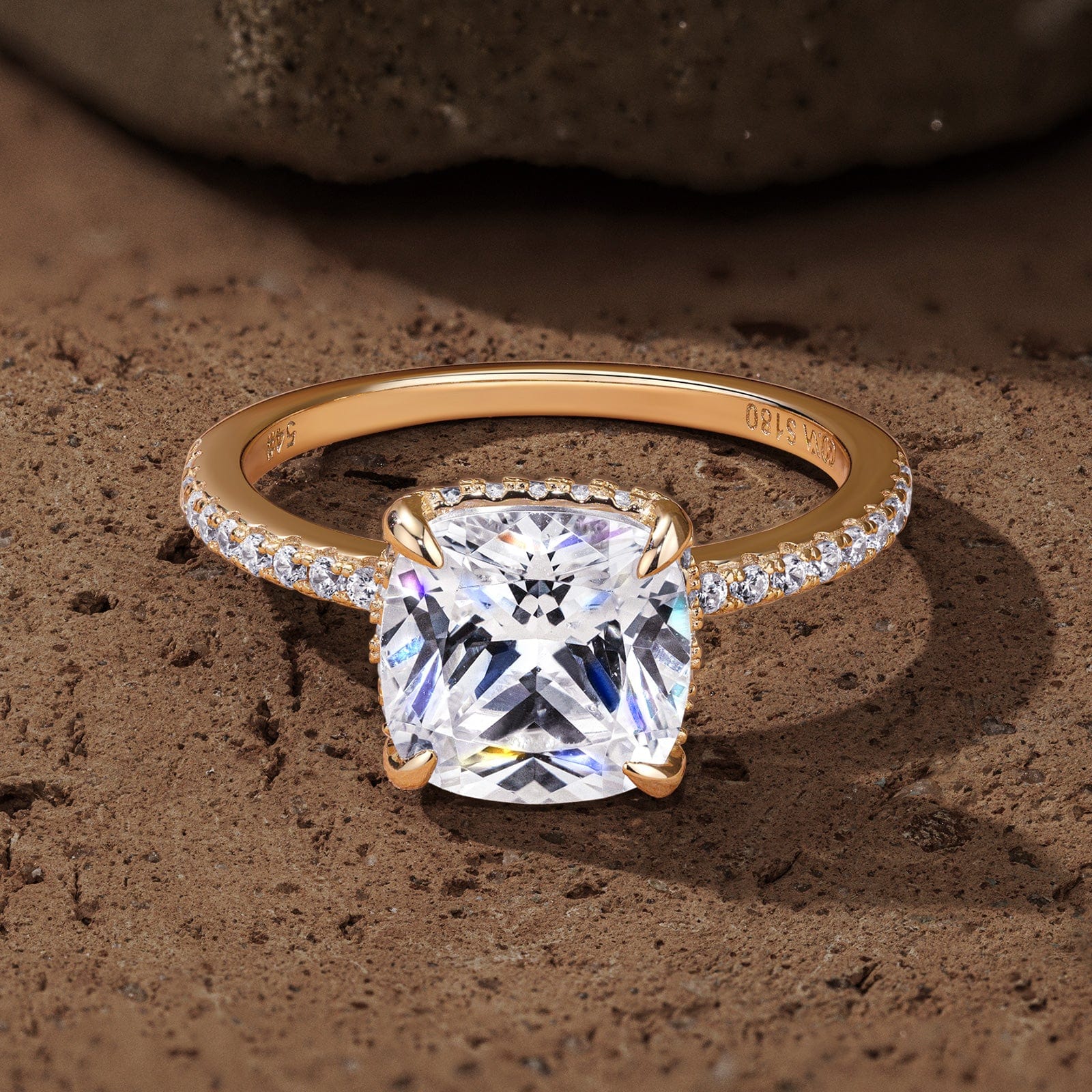 GENUINE LOVE Pave Engagement Ring - 9K Yellow Gold with a Cushion Cut Lab-Grown Moissanite