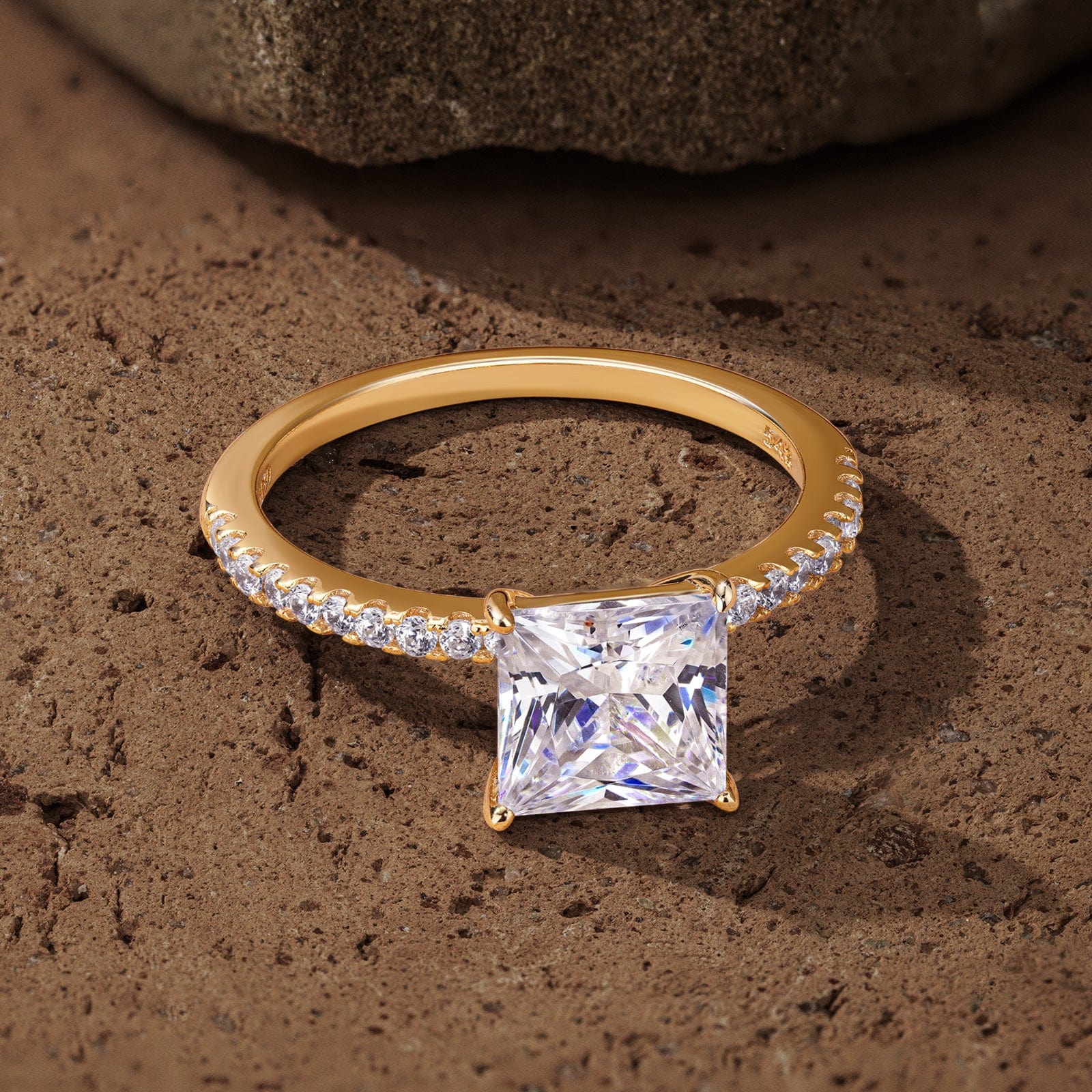 GENUINE LOVE Pave Engagement Ring - 9K Yellow Gold with a Princess Cut Lab-Grown Moissanite