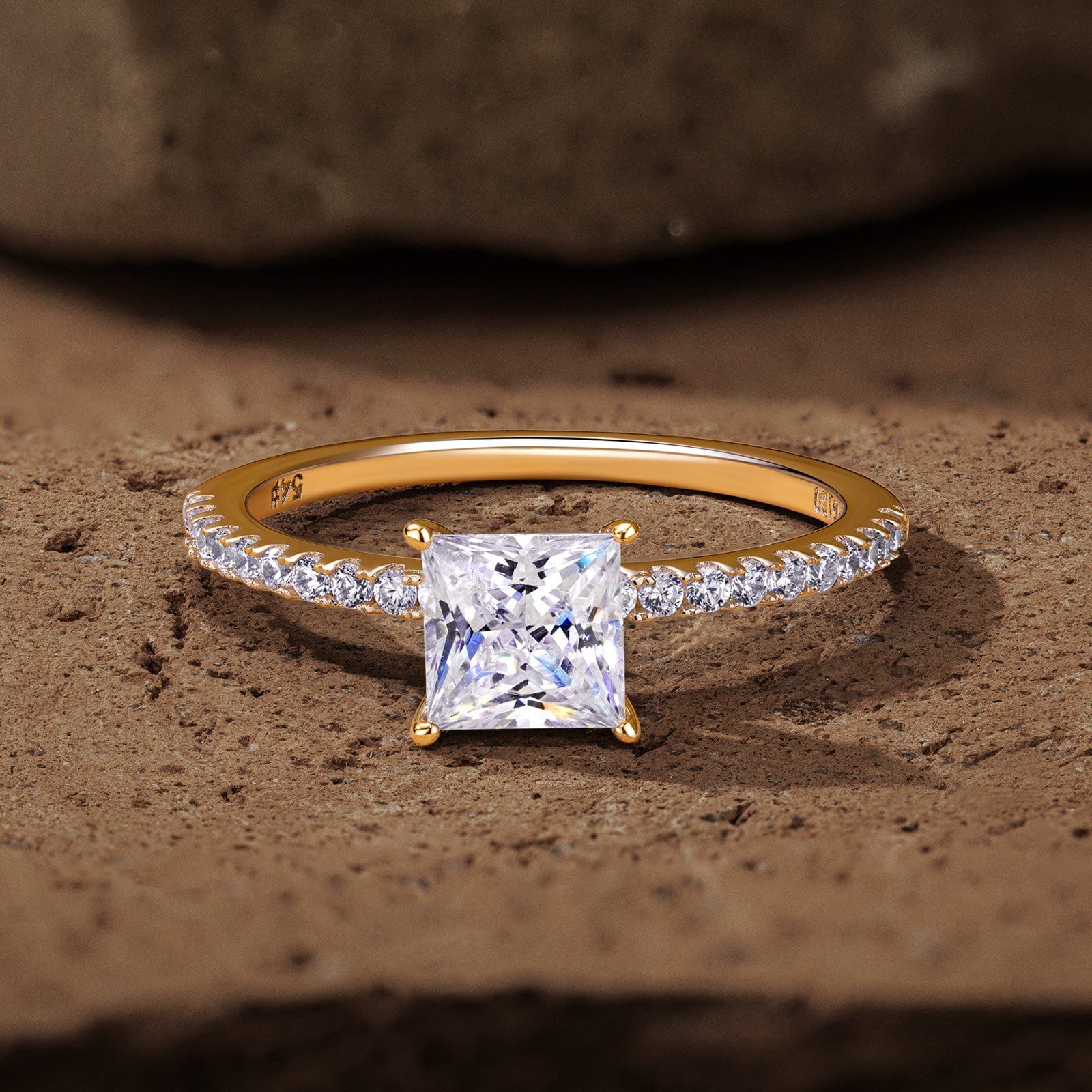 GENUINE LOVE Pave Engagement Ring - 9K Yellow Gold with a Princess Cut Lab-Grown Moissanite