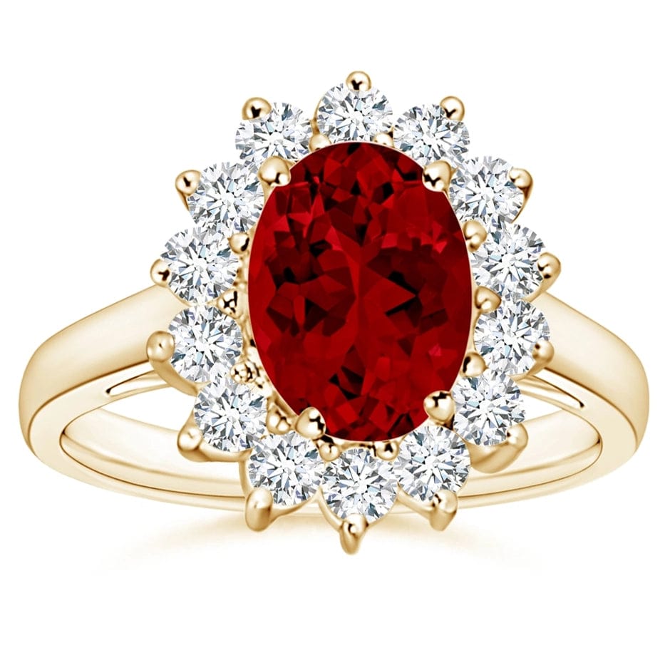 Lab-Grown Oval Brilliant Cut Ruby - Halo Classic Engagement Ring 14K Yellow Gold