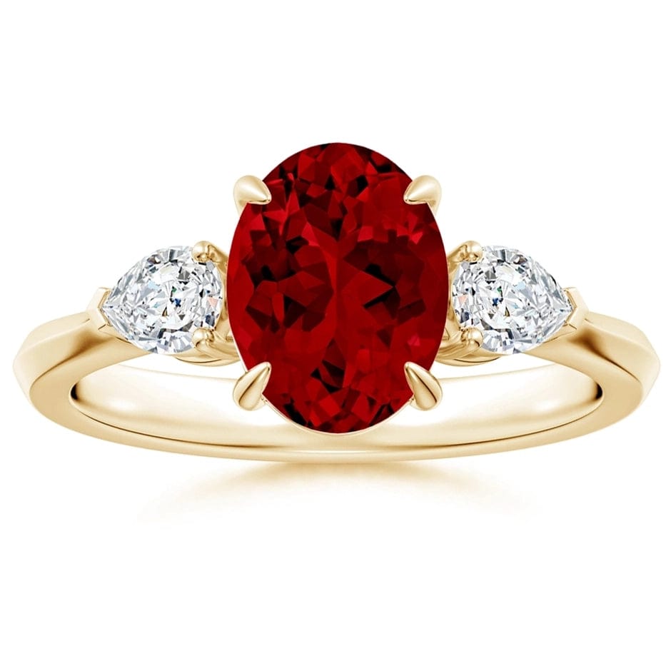 Lab-Grown Oval Brilliant Cut Ruby - Three Stone Classic Engagement Ring 14K Yellow Gold