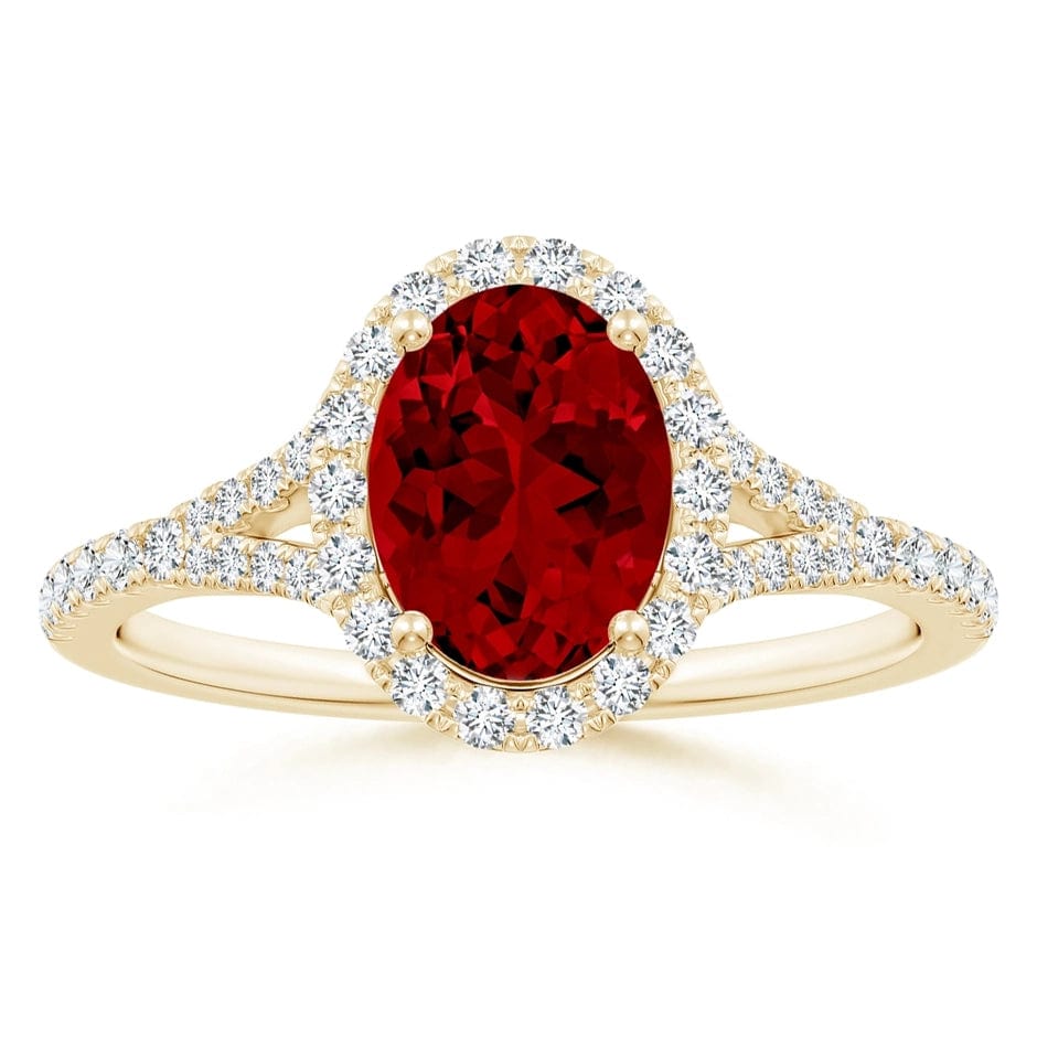 Lab-Grown Oval Brilliant Cut Ruby - Halo Classic Engagement Ring 14K Yellow Gold