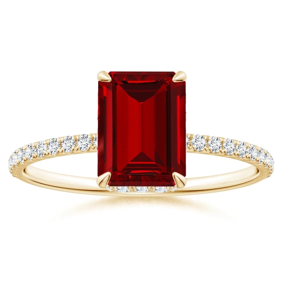 Lab-Grown Emerald-Cut Ruby - Hidden Halo Classic Engagement Ring 14K Yellow Gold