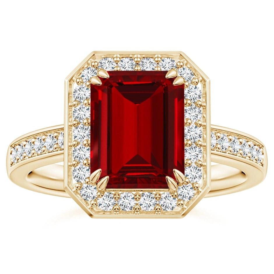 Lab-Grown Emerald-Cut Ruby - Halo Classic Engagement Ring 14K Yellow Gold