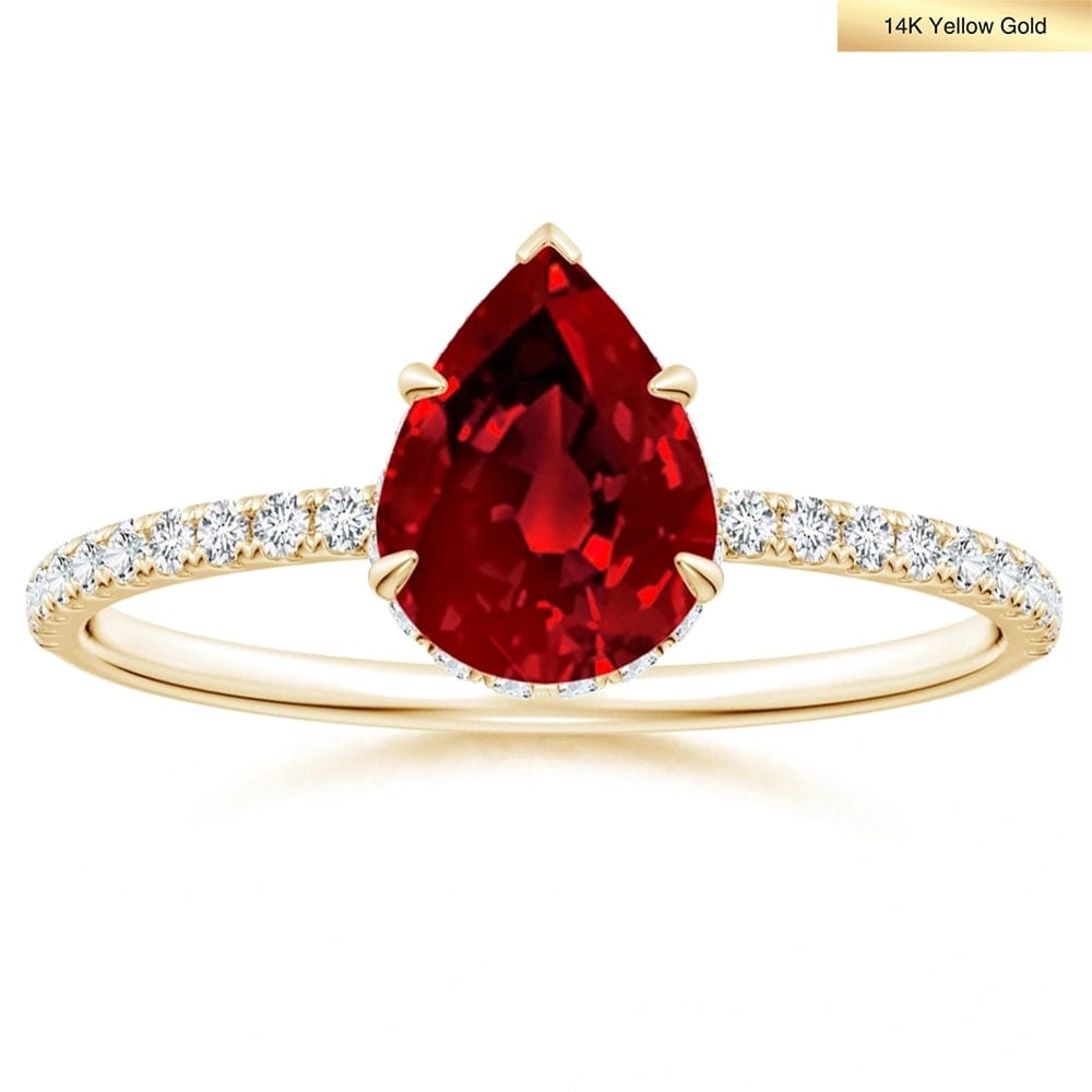 Lab-Grown Pear Brilliant Cut Ruby - Pave Classic Engagement Ring 14K Yellow Gold