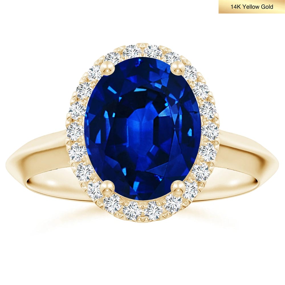 Lab-Grown Oval Brilliant Cut Sapphire - Halo Classic Engagement Ring 14K Yellow Gold