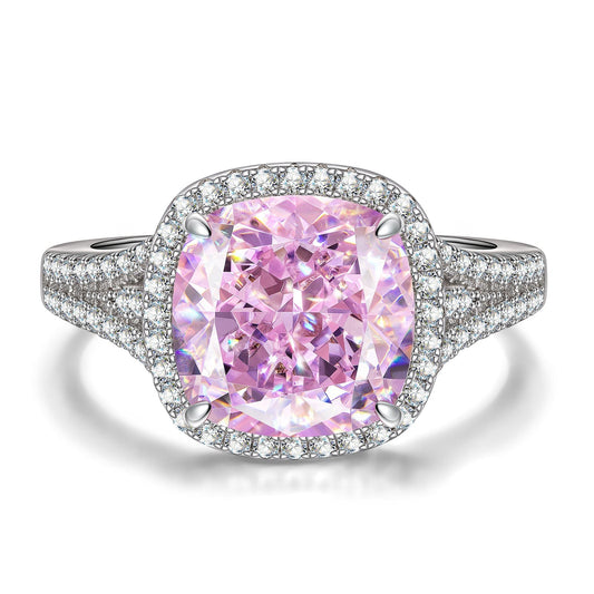 gona- Cushion Modified Brilliant Cut Fancy Vivid Pink Ice-Frosted Sparkle Lab Zircon - Halo Classic Engagement Ring White Gold Plated