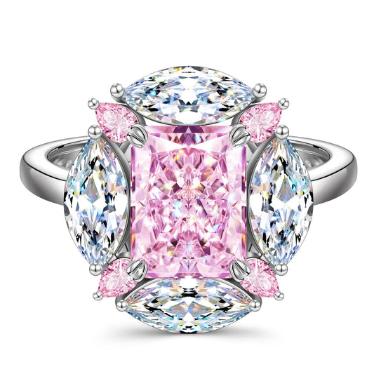 gona- Radiant Modified Brilliant Cut Fancy Vivid Pink Ice-Frosted Sparkle Lab Zircon - Halo Classic Engagement Ring Sterling Silver