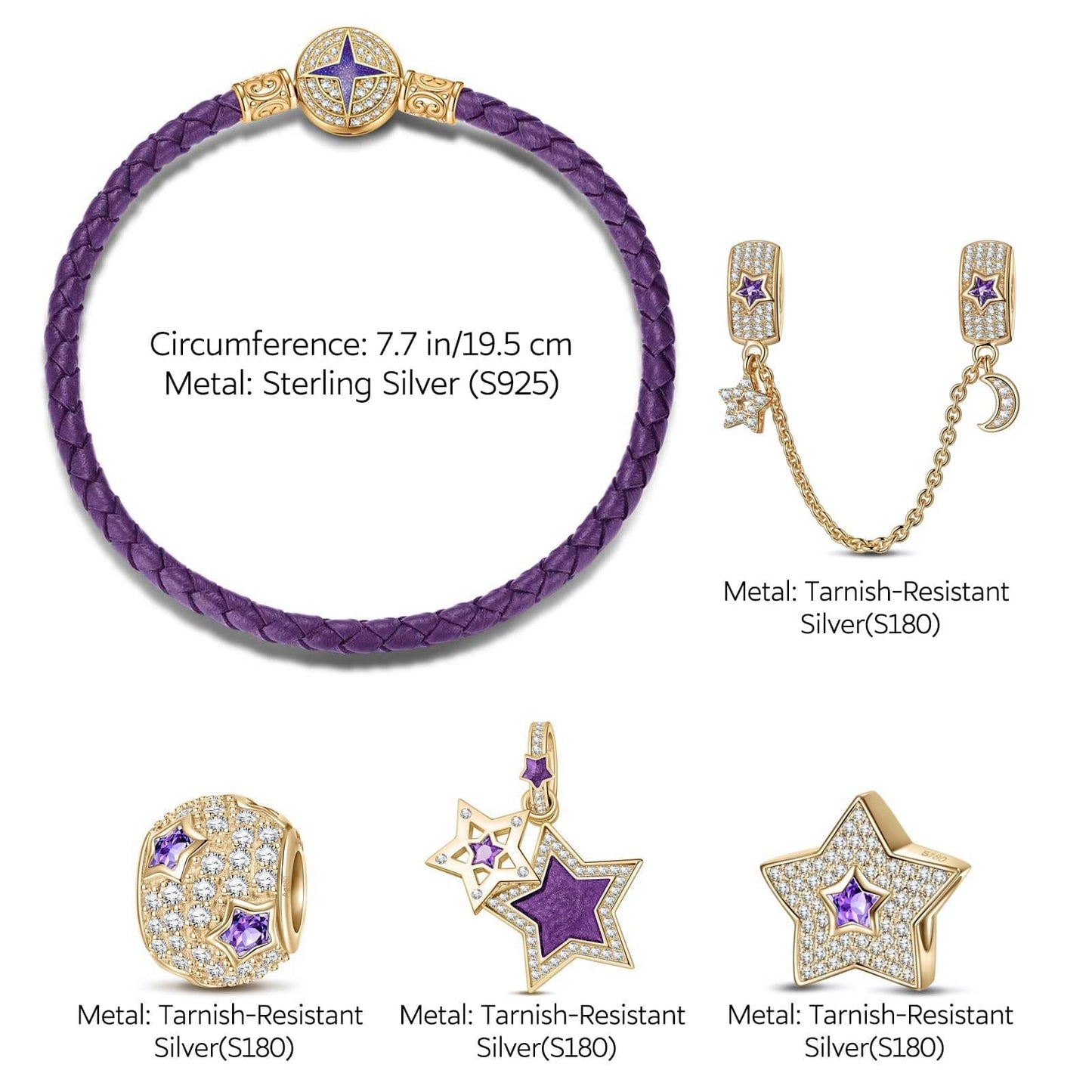 Purple Star Tarnish-resistant Silver Charms Bracelet Set With Enamel In 14K Gold Plated (Includes bracelet and all charms shown)