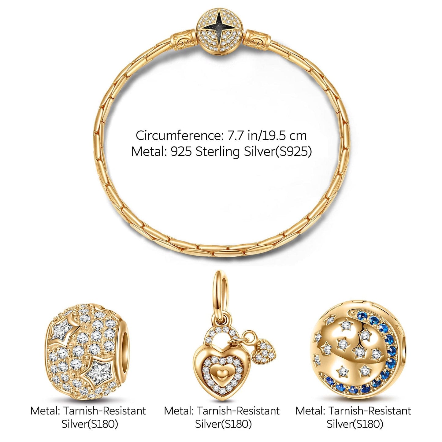 Sterling Silver Promise Charms Bracelet Set With Enamel In 14K Gold Plated (Includes bracelet and all charms shown)