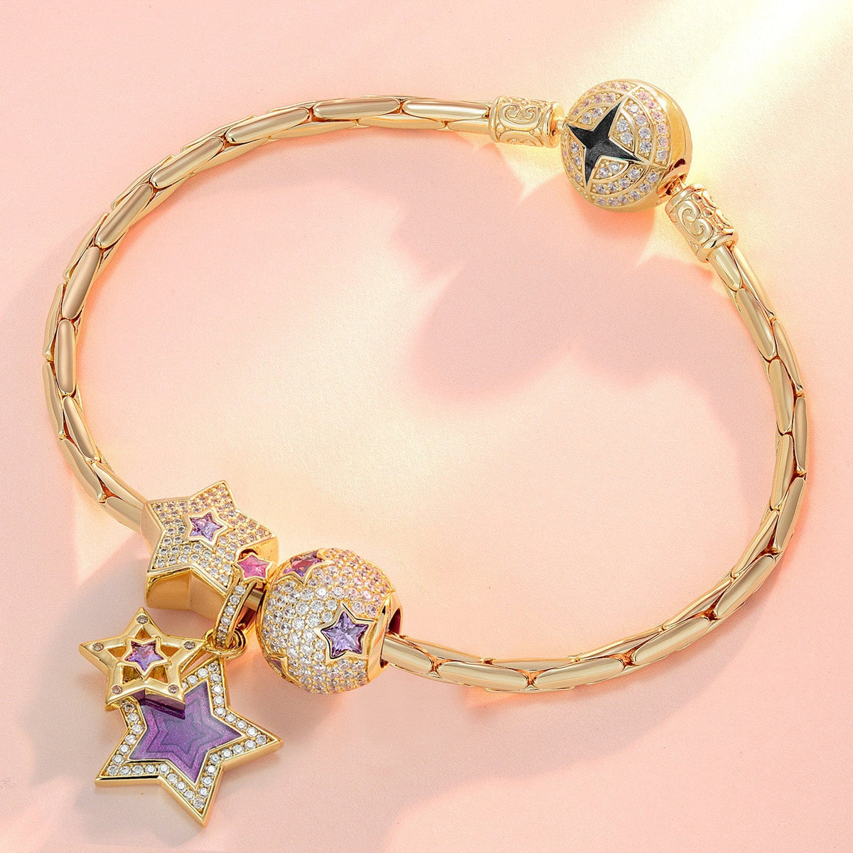 Sterling Silver Purple Star Charms Bracelet Set With Enamel In 14K Gold Plated (Includes bracelet and all charms shown)