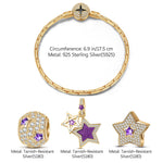 Sterling Silver Purple Star Charms Bracelet Set With Enamel In 14K Gold Plated (Includes bracelet and all charms shown)