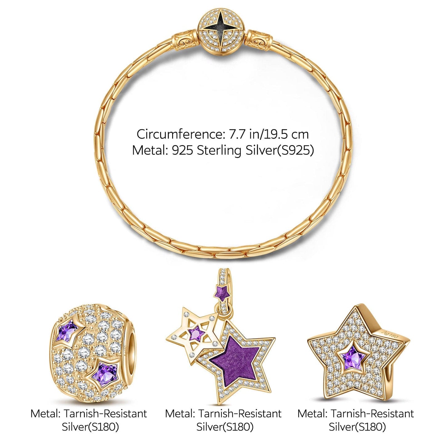 Sterling Silver Purple Star Charms Bracelet Set With Enamel In 14K Gold Plated (Includes bracelet and all charms shown)