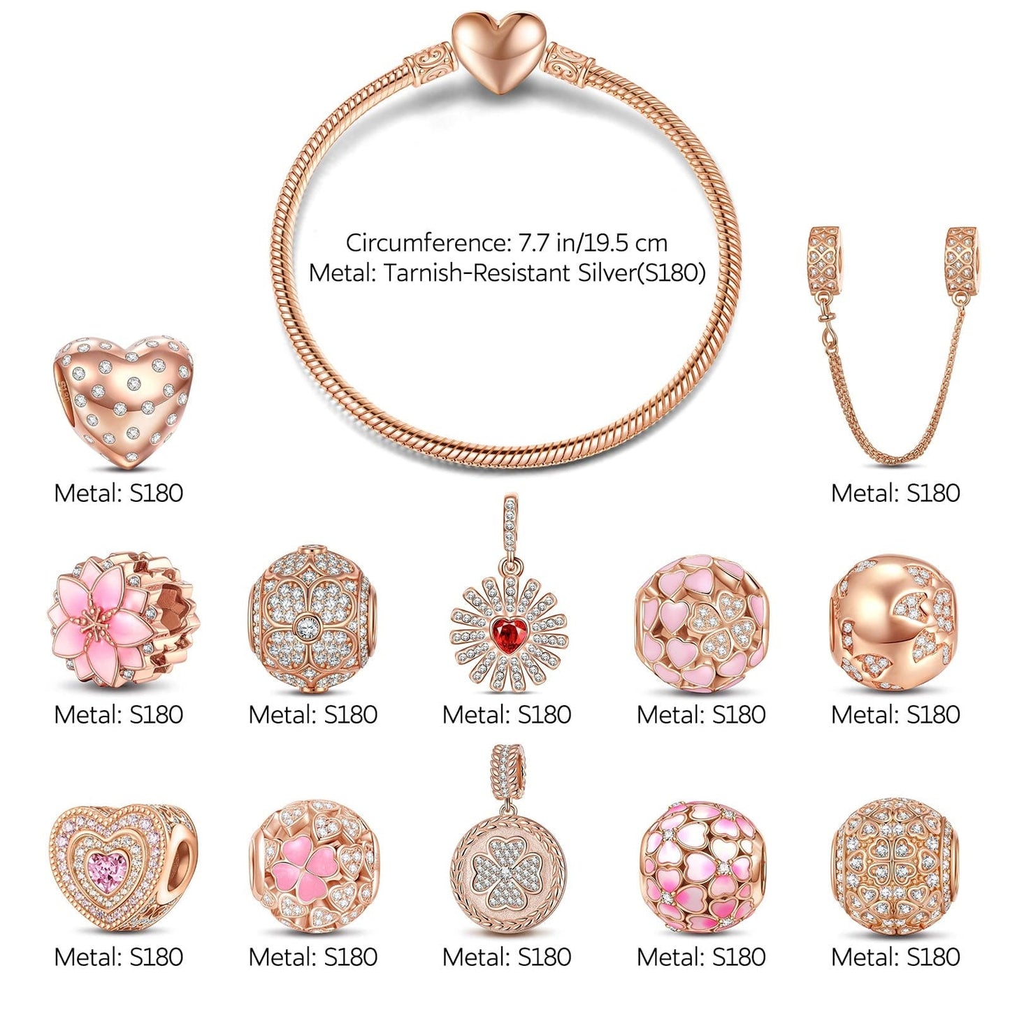 A Bouquet of Love Tarnish-resistant Silver Charms Bracelet Set With Enamel In Rose Gold Plated (Includes bracelet and all charms shown)