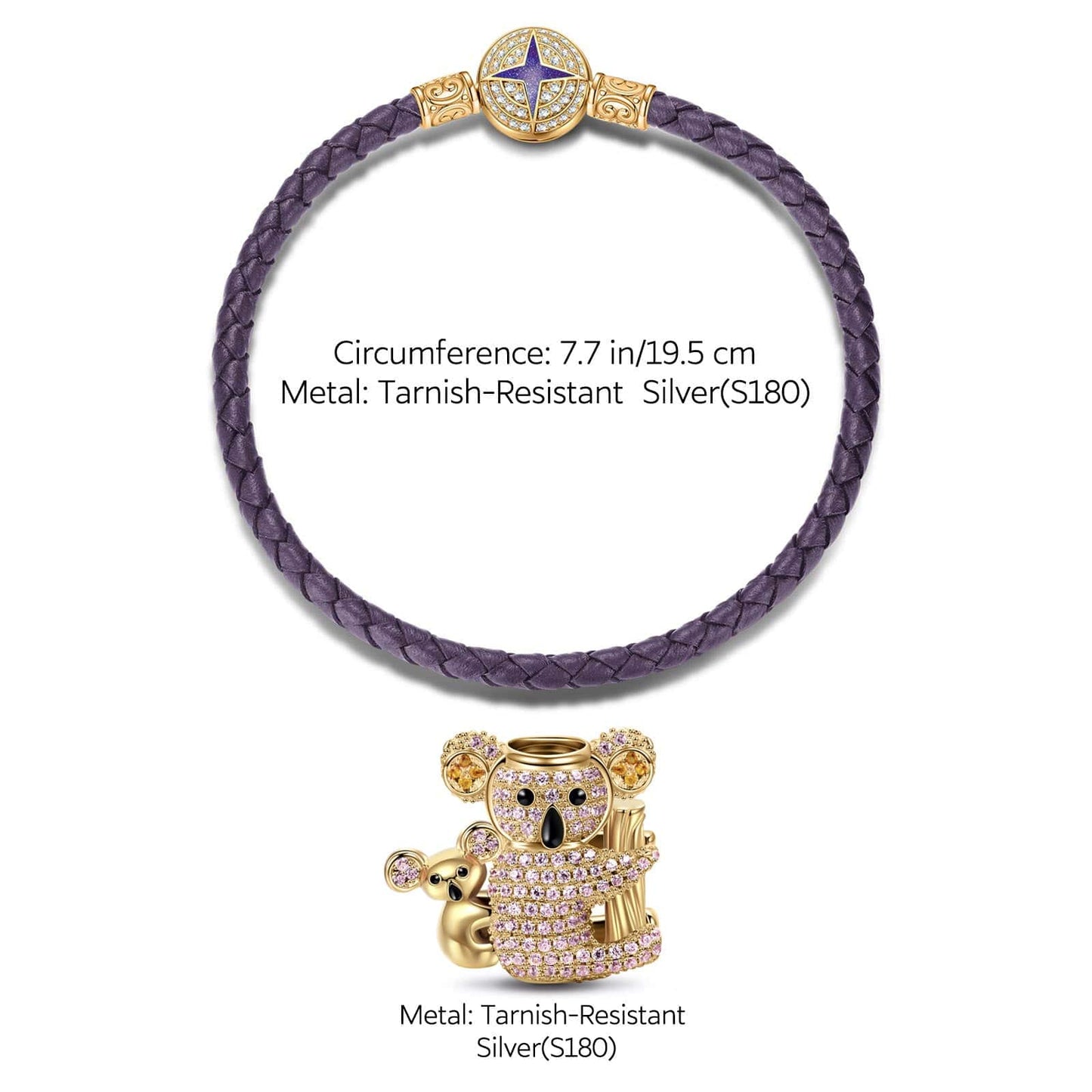 Cute Koala Tarnish-resistant Silver Charms Bracelet Set With Enamel In 14K Gold Plated (Includes bracelet and all charms shown)