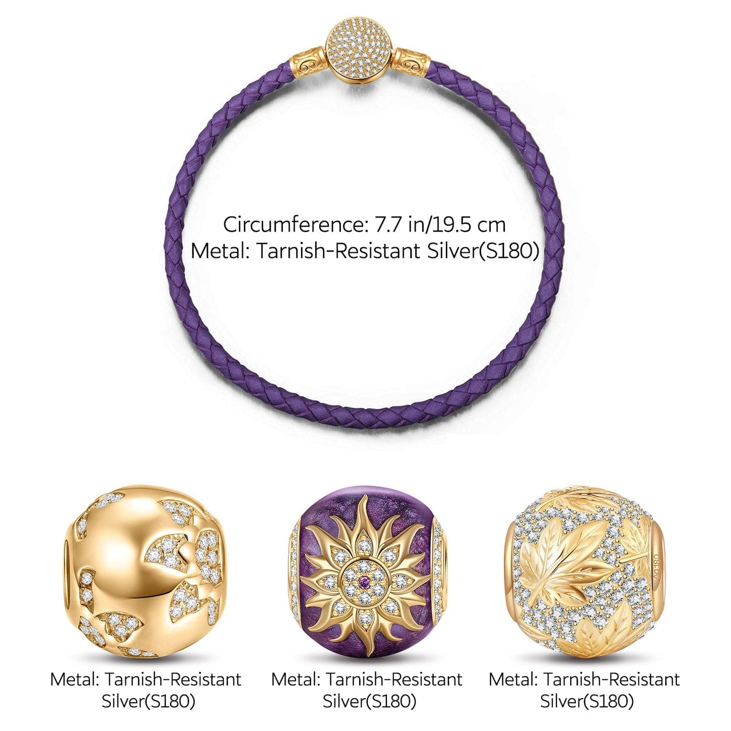 Blooming Mulberry Purple Tarnish-resistant Silver Charms Bracelet Set With Enamel In 14K Gold Plated (Includes bracelet and all charms shown)