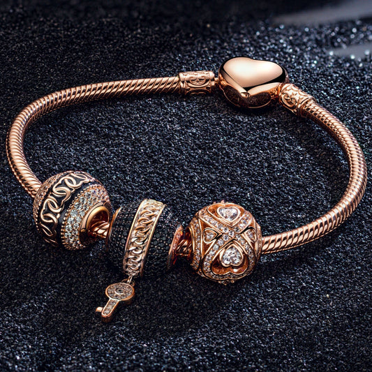 gona- Key to Infinity Tarnish-resistant Silver Charms Bracelet Set With Enamel In Rose Gold Plated (Includes bracelet and all charms shown)