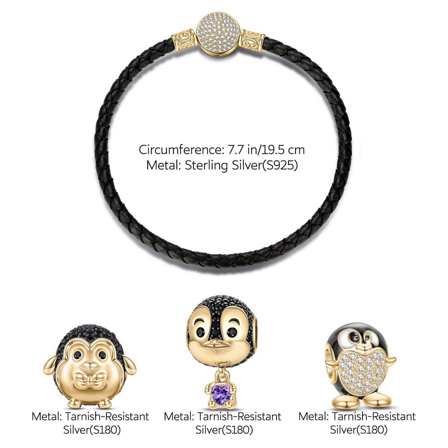 Penguin Club Tarnish-resistant Silver Animals Charms Bracelet Set With Enamel In 14K Gold Plated - Heartful Hugs Collection (Includes bracelet and all charms shown)
