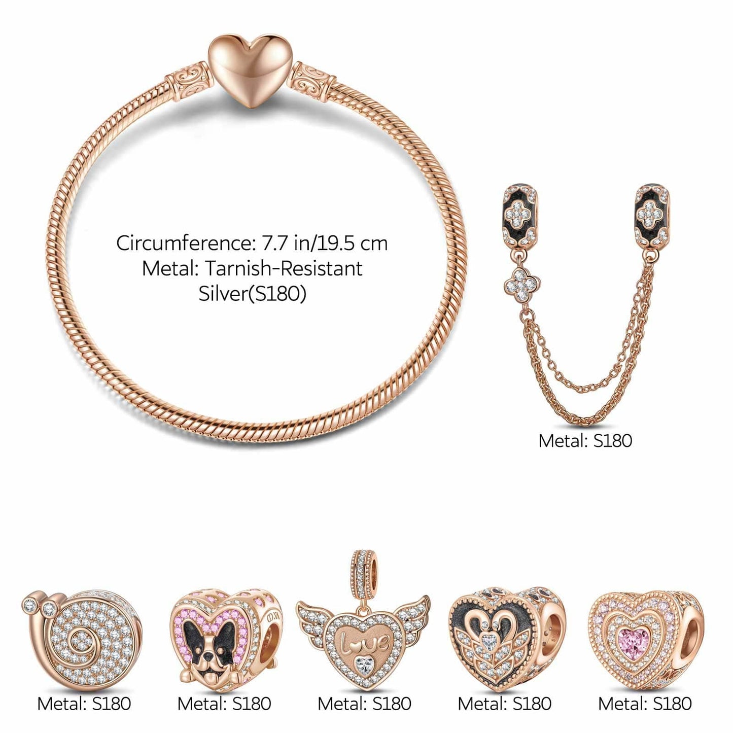 Inseparable Soulmates Tarnish-resistant Silver Animals Charms Bracelet Set With Enamel In Rose Gold Plated (Includes bracelet and all charms shown)