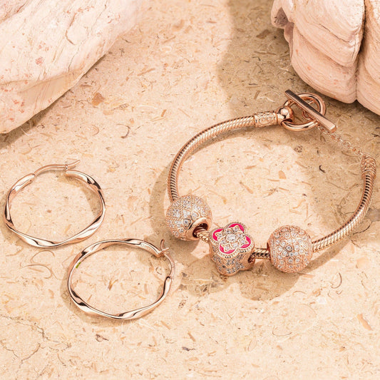 gona- Rose Heart Tarnish-resistant Silver Charms Bracelet and Earrings Set With Enamel In Rose Gold Plated