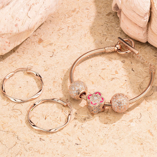 gona- Rose Heart Tarnish-resistant Silver Charms Bracelet and Earrings Set With Enamel In Rose Gold Plated