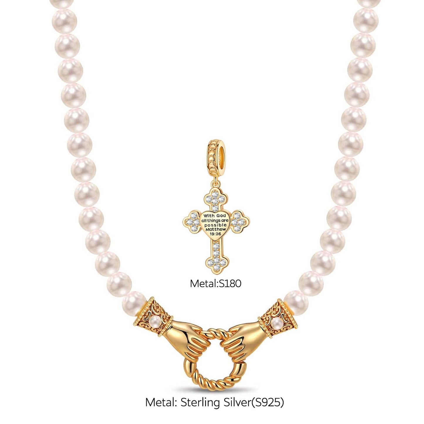 God's Cross Tarnish-resistant Silver Pearl Necklace Set In 14K Gold Plated