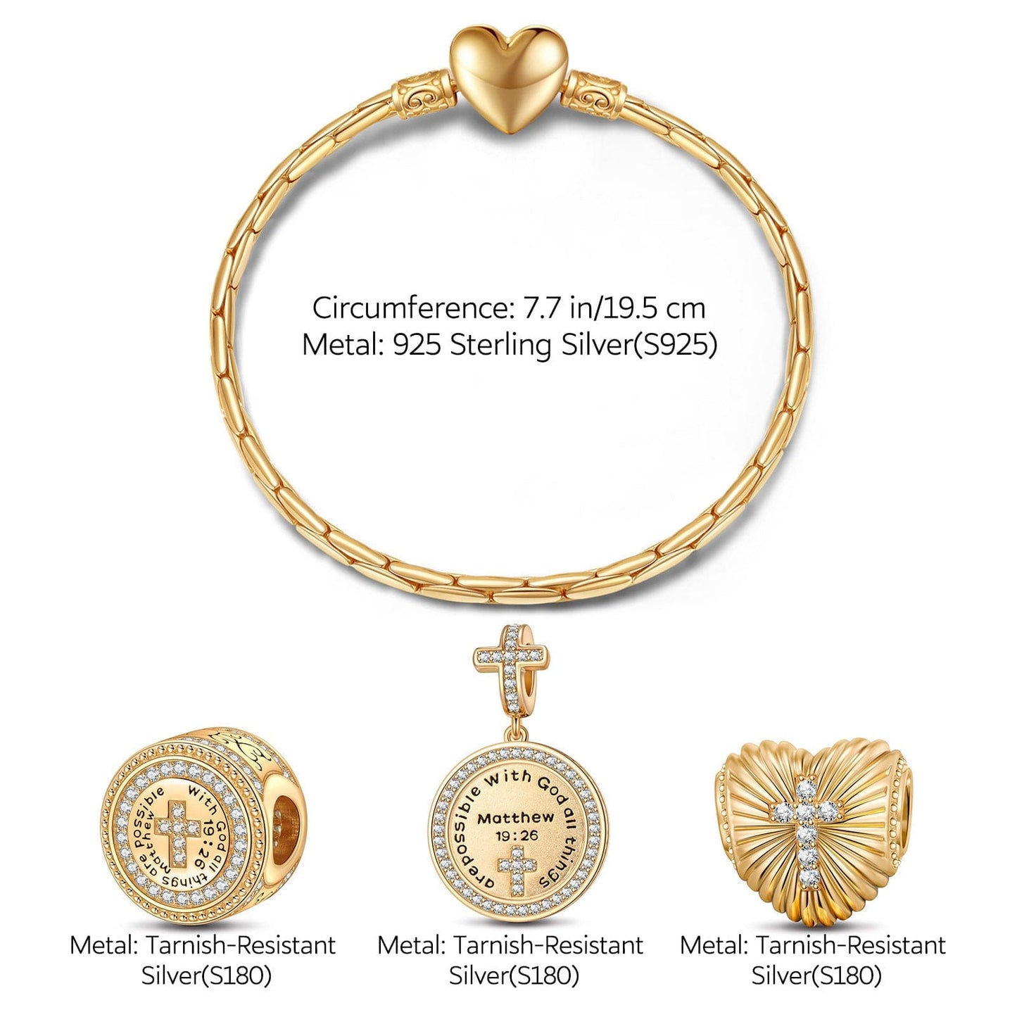 Sterling Silver God's Welfare Charms Bracelet Set In 14K Gold Plated (Includes bracelet and all charms shown)
