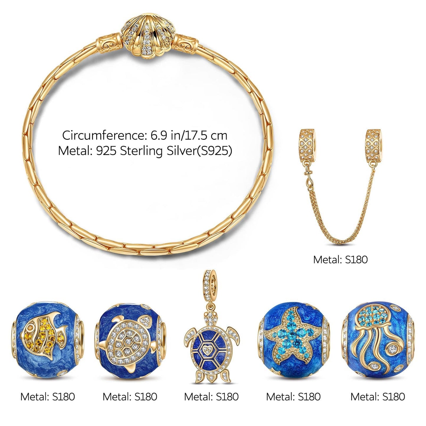 Sterling Silver Marine Animal Charms Bracelet Set With Enamel In 14K Gold Plated (Includes bracelet and all charms shown)