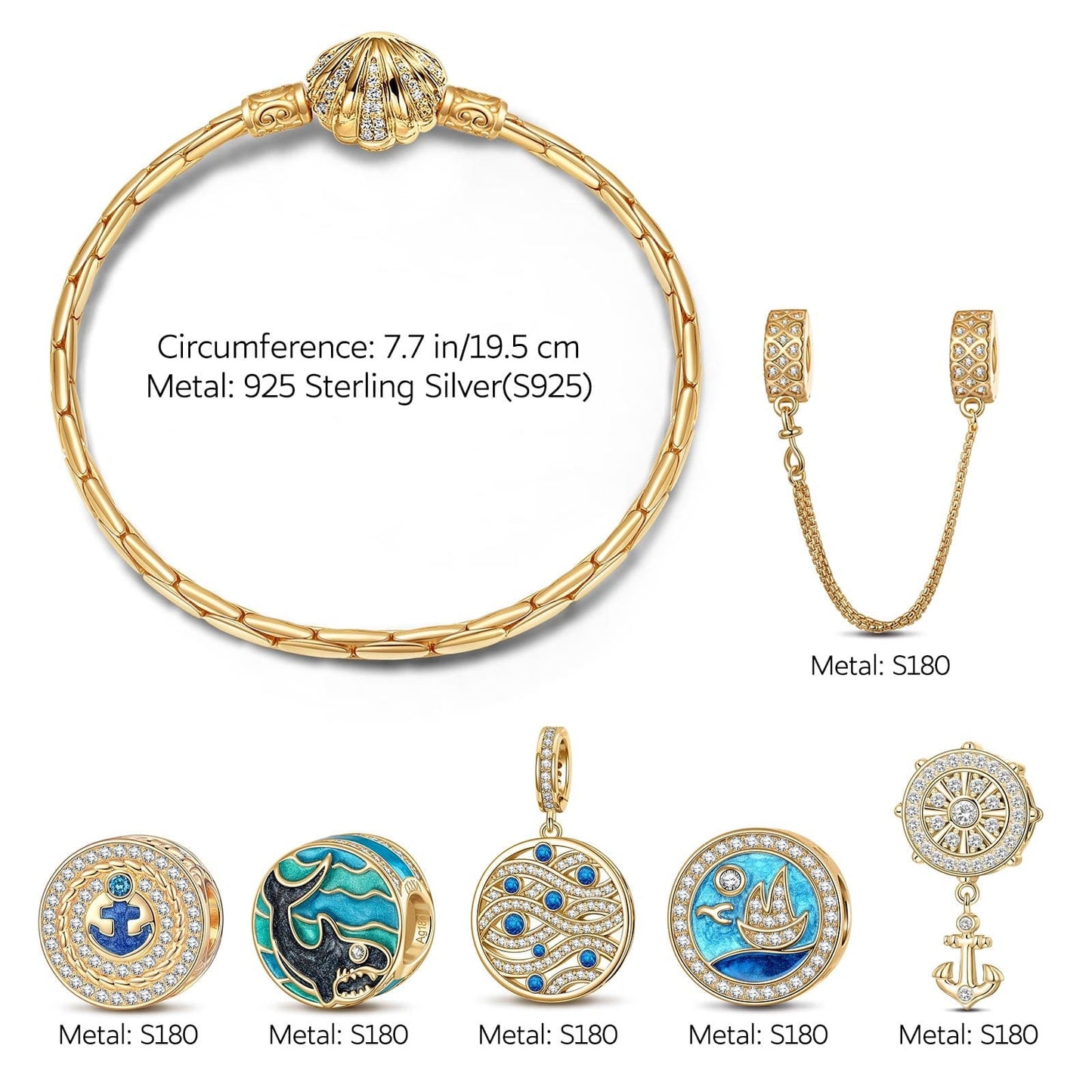 Sterling Silver Blue Ocean Charms Bracelet Set With Enamel In 14K Gold Plated (Includes bracelet and all charms shown)