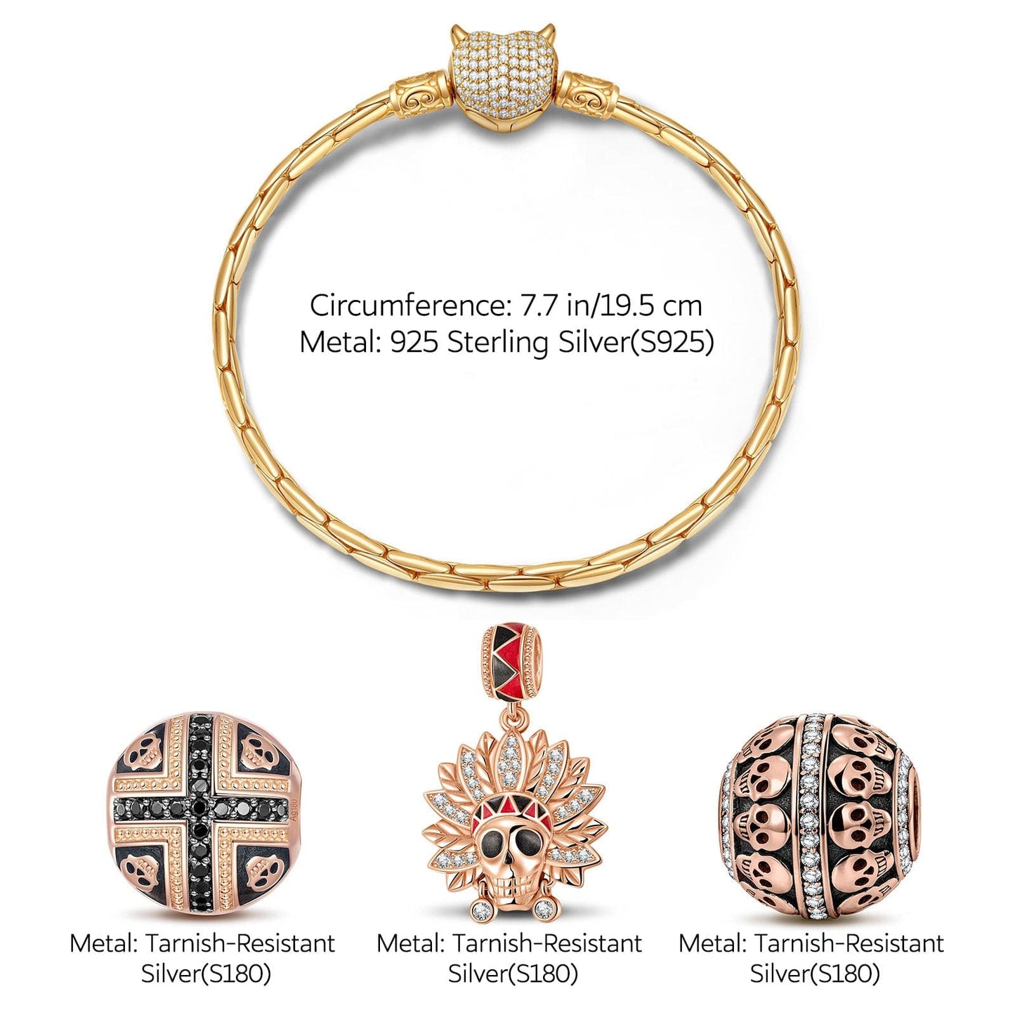 Sterling Silver Halloween & Skull Charms Bracelet Set With Enamel In Rose Gold Plated (Includes bracelet and all charms shown)