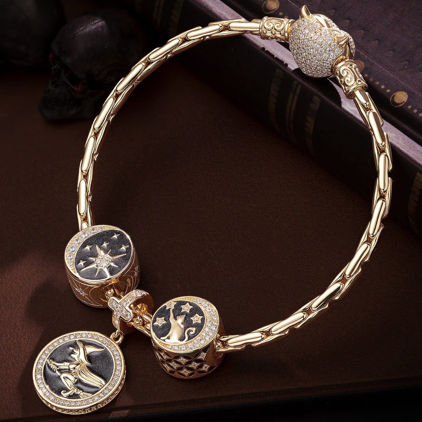Sterling Silver Halloween Night Charms Bracelet Set With Enamel In 14K Gold Plated (Includes bracelet and all charms shown)