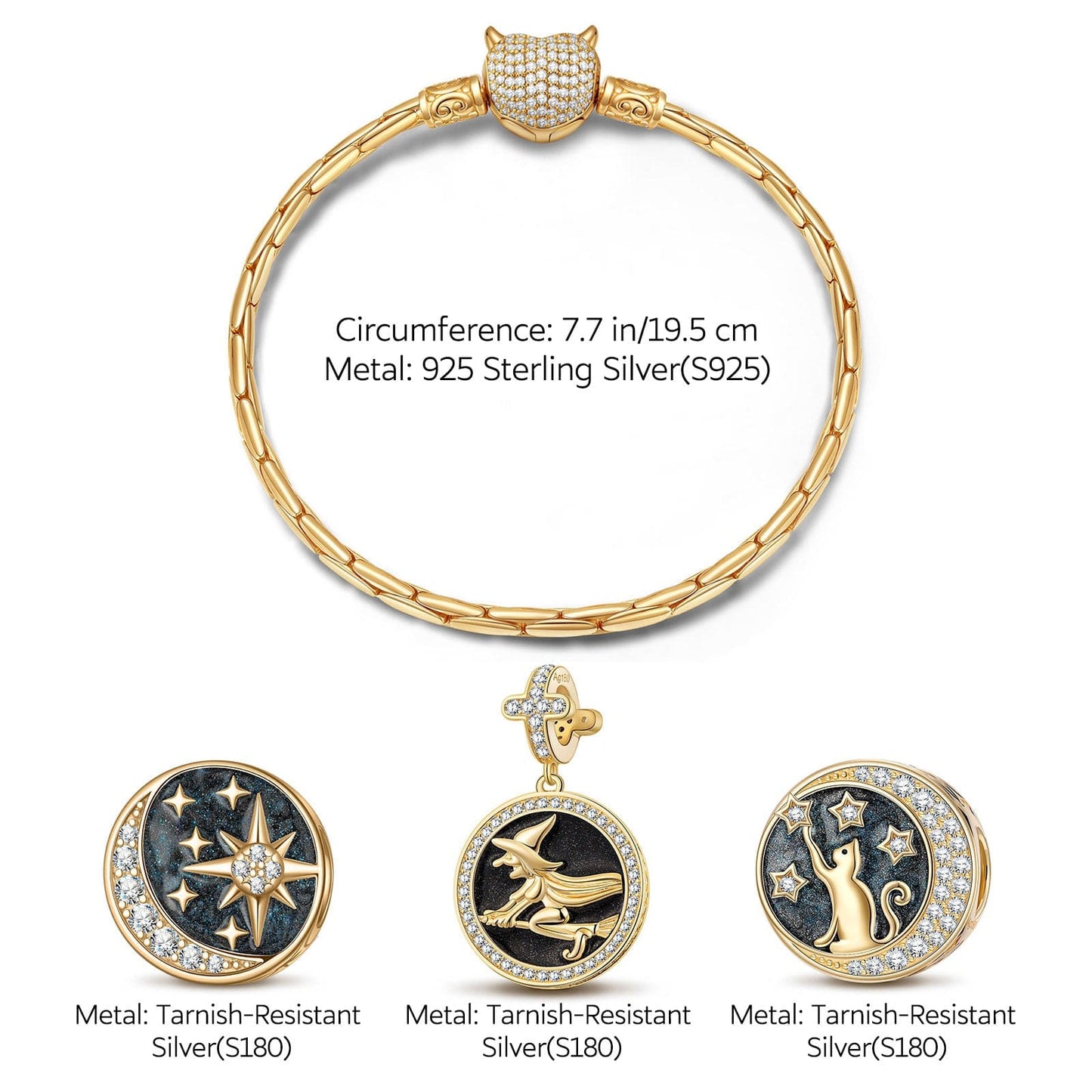 Sterling Silver Halloween Night Charms Bracelet Set With Enamel In 14K Gold Plated (Includes bracelet and all charms shown)