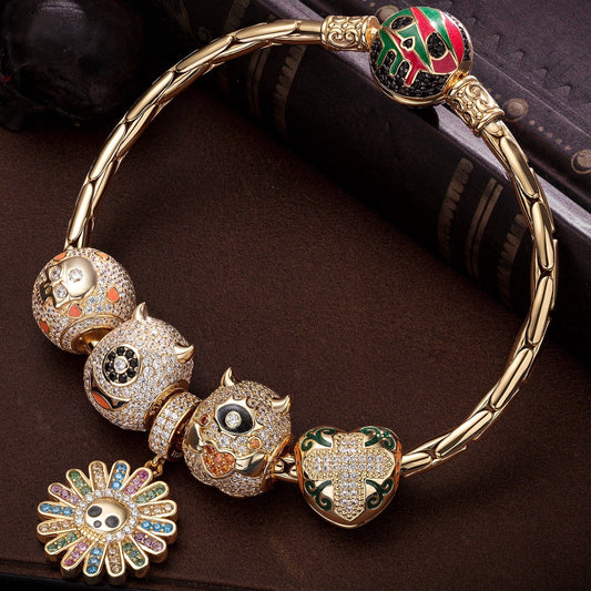 gona- Sterling Silver Halloween Monster Family Charms Bracelet Set With Enamel In 14K Gold Plated (Includes bracelet and all charms shown)
