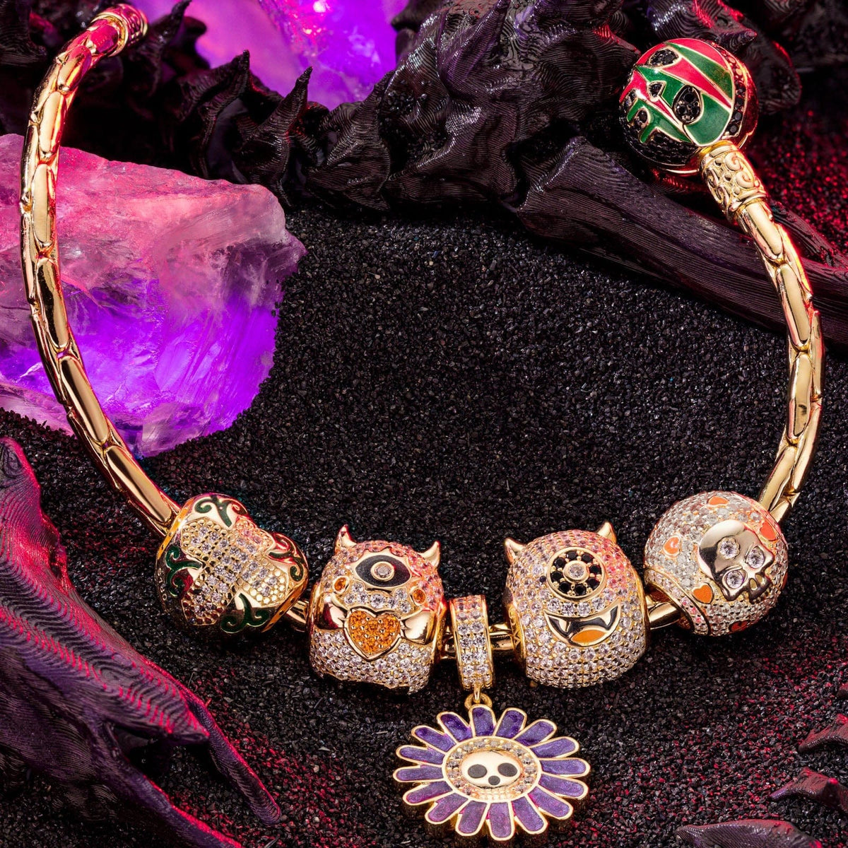 Sterling Silver Halloween Monster Family Charms Bracelet Set With Enamel In 14K Gold Plated (Includes bracelet and all charms shown)