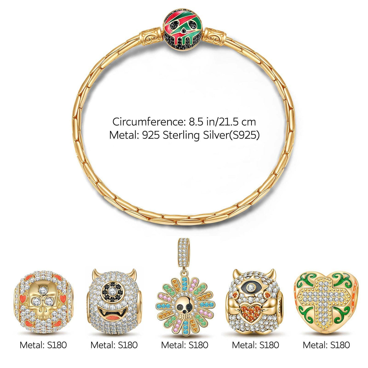 Sterling Silver Halloween Monster Family Charms Bracelet Set With Enamel In 14K Gold Plated (Includes bracelet and all charms shown)