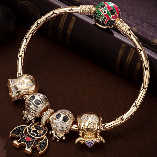 gona- Sterling Silver Halloween Monster Family Charms Bracelet Set With Enamel In 14K Gold Plated (Includes bracelet and all charms shown)