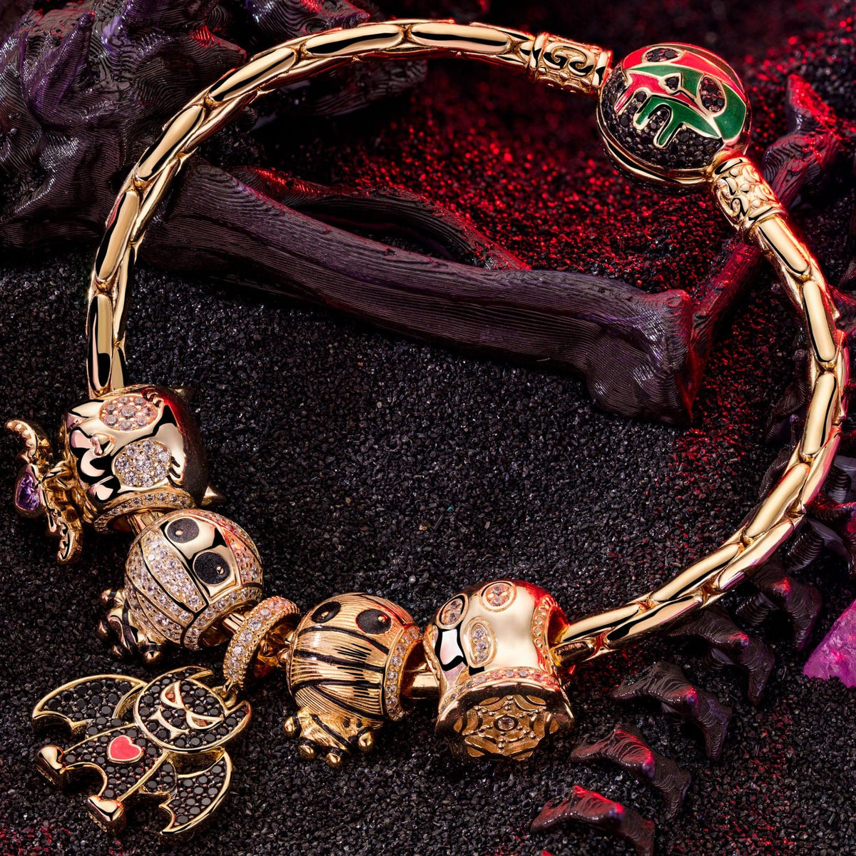 Sterling Silver Halloween Monster Family Charms Bracelet Set With Enamel In 14K Gold Plated (Includes bracelet and all charms shown)