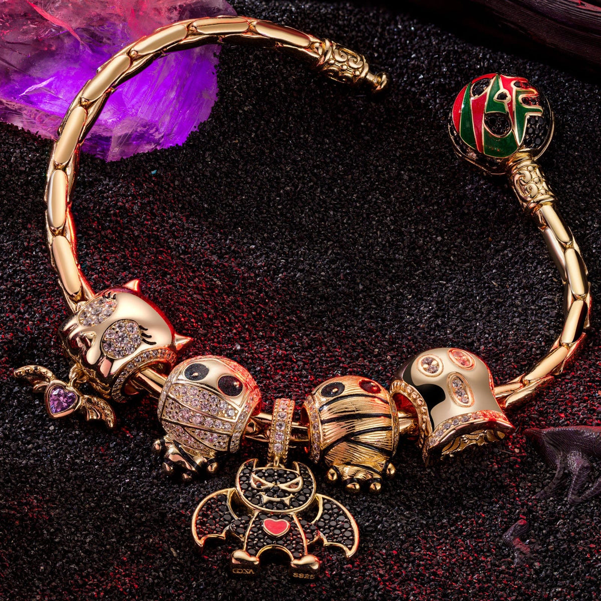 Sterling Silver Halloween Monster Family Charms Bracelet Set With Enamel In 14K Gold Plated (Includes bracelet and all charms shown)