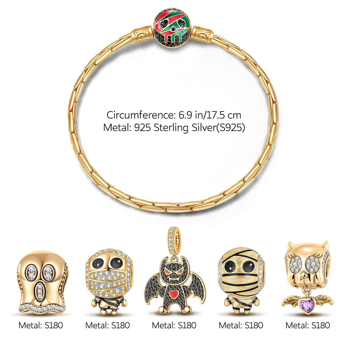 Sterling Silver Halloween Monster Family Charms Bracelet Set With Enamel In 14K Gold Plated (Includes bracelet and all charms shown)