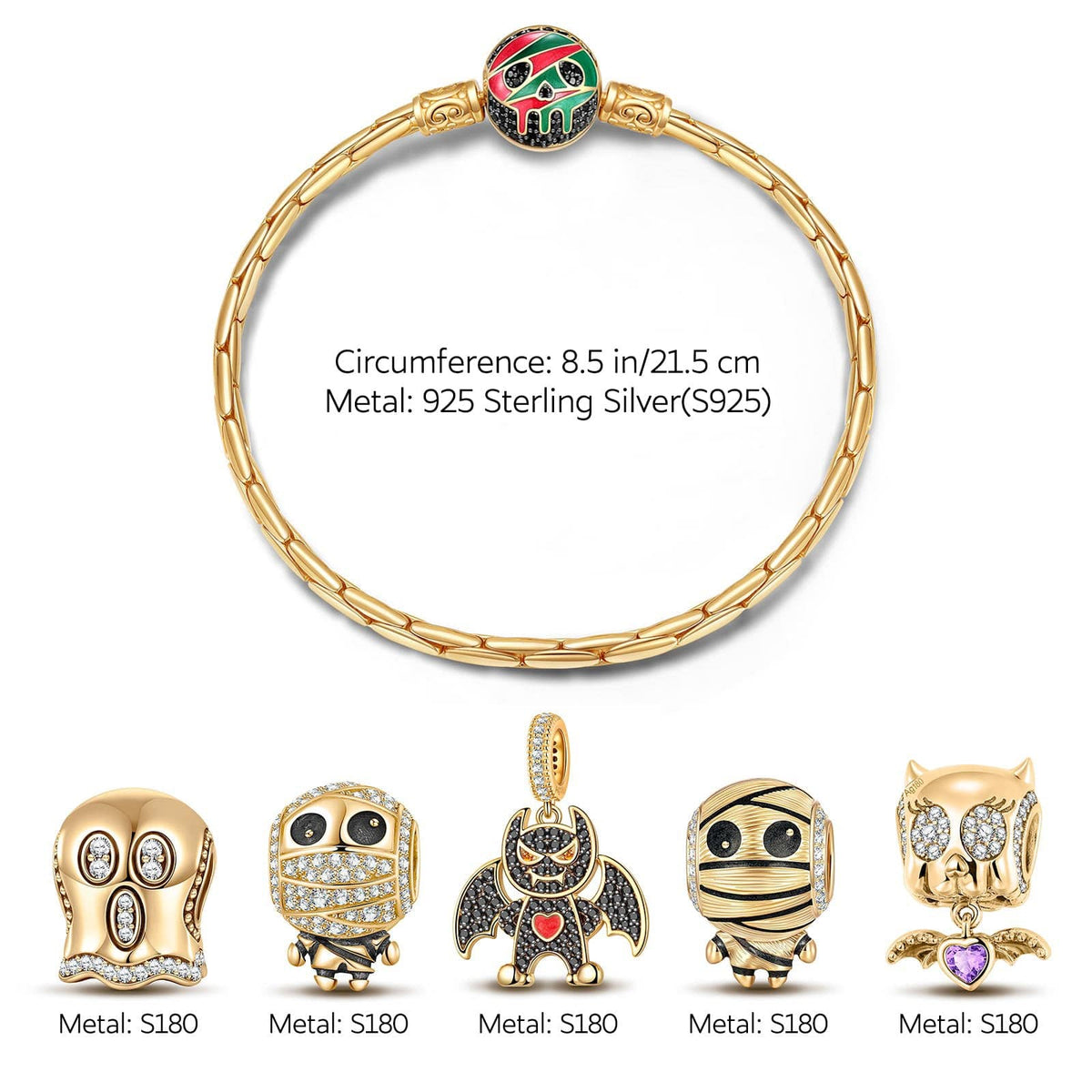 Sterling Silver Halloween Monster Family Charms Bracelet Set With Enamel In 14K Gold Plated (Includes bracelet and all charms shown)
