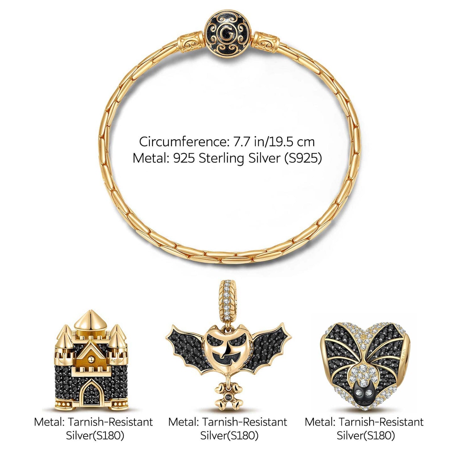 Sterling Silver Vampire Castle Charms Bracelet Set With Enamel In 14K Gold Plated (Includes bracelet and all charms shown)