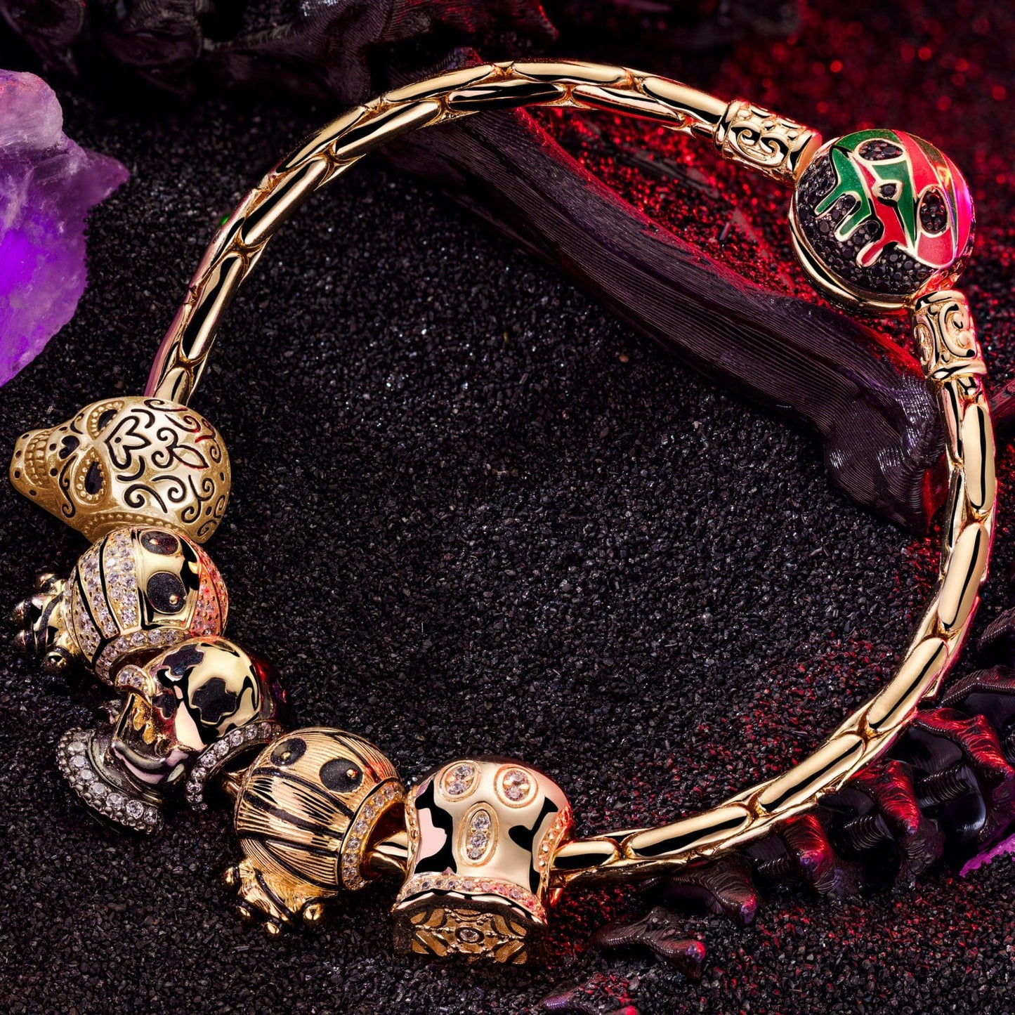 Sterling Silver The Spooky Family Charms Bracelet Set With Enamel In 14K Gold Plated (Includes bracelet and all charms shown)