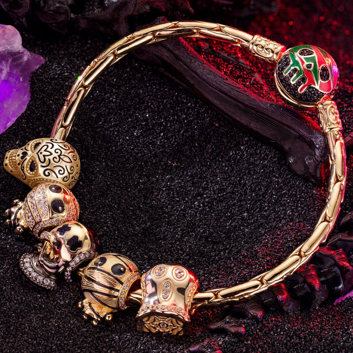 Sterling Silver The Spooky Family Charms Bracelet Set With Enamel In 14K Gold Plated (Includes bracelet and all charms shown)